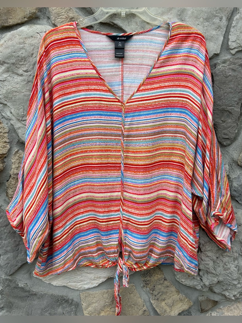 Ali Miles Blouse Top Size XL Colorful Stripe Boho Rustic Casual Tie Front Beachy